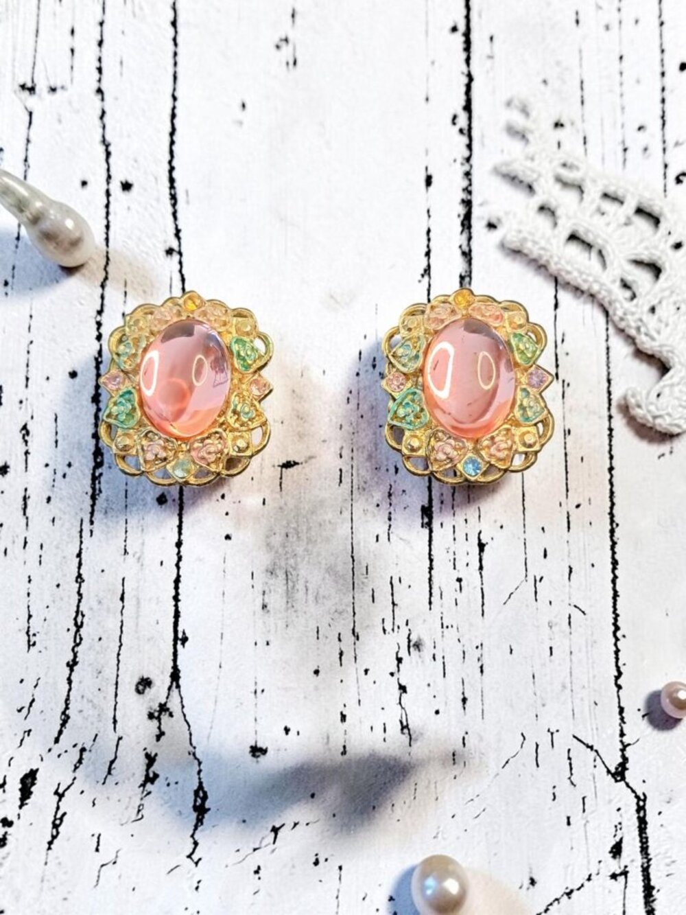 Vintage  1980s-1990s Two Sisters Signed Pink Jelly Cabochon Heart Jewelry Earrin